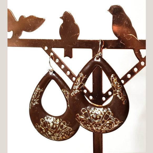 Brown Teardrop Earrings with Gold Swirl Accents - Picture 4 of 4